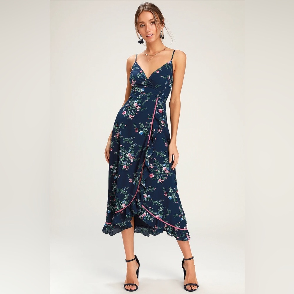 Lulus Navy Floral Ruffled Wrap Midi Dress‎ Size S - Picture 3 of 14